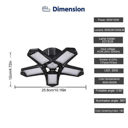 80W/100W Garage Light Deformable Foldable Garage Ceiling Lamp