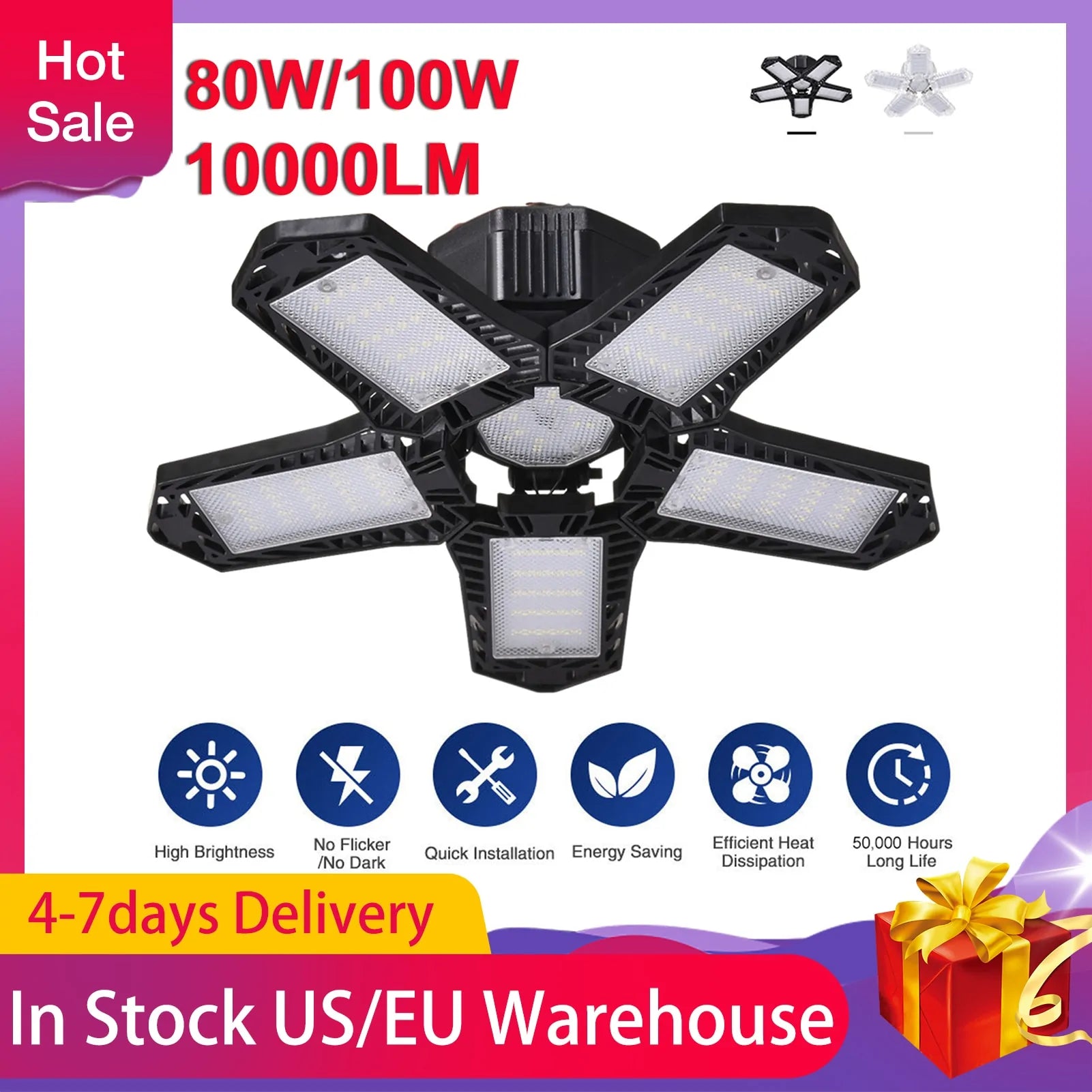 80W/100W Garage Light Deformable Foldable Garage Ceiling Lamp